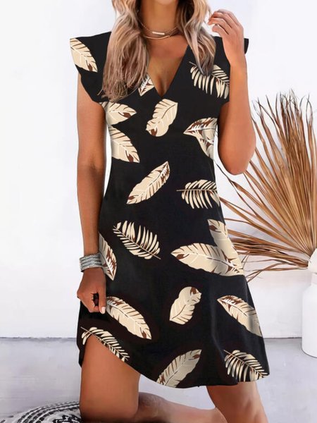 

Abito Casuale Scollo a V Stampato, Nero, Casual Dresses