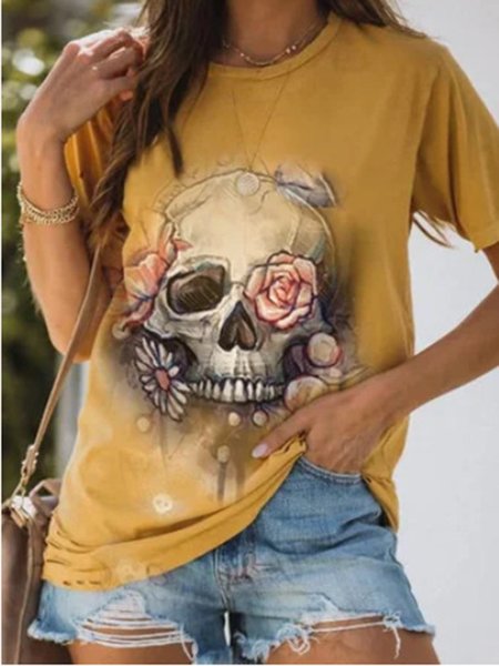 

Rock Punk Skull Rose Flower Round Neck Tee, Yellow, T-shirts