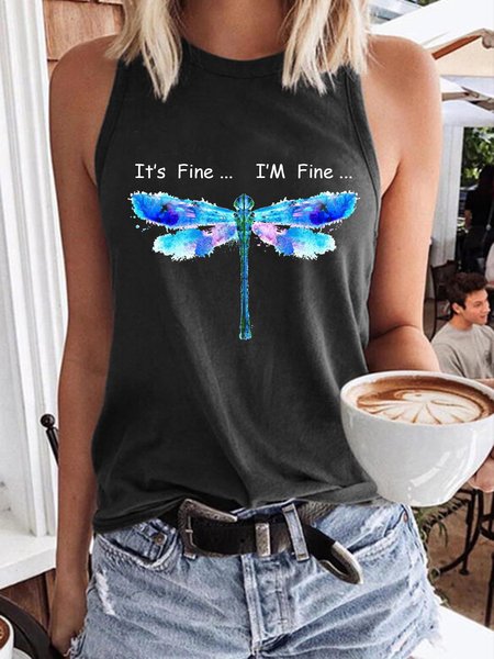 

Dragonfly I Am Fine Tank Top Graphic Casual Sleeveless Vest, Black, Tank Tops