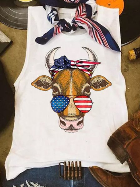 

America Flag Cow Women Vests, White, Tank Tops