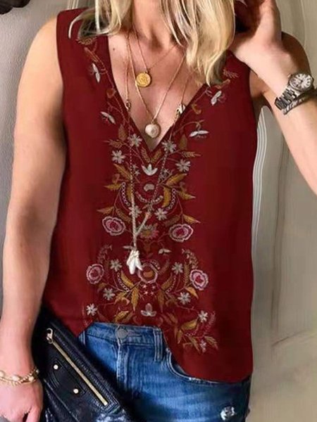 

A-Line V Neck Casual Shirts & Tops, Red, Tanks & Camis