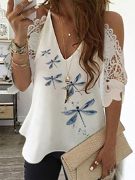 

Plus size Dragonfly Casual V Neck Tops, White, Tops