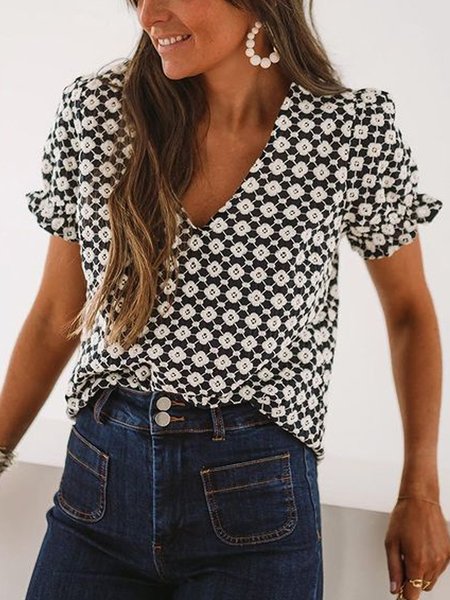 

Short Sleeve V Neck Floral Casual Shirts & Tops, As picture, T-Shirts