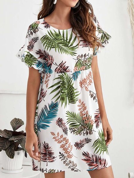 

Boho Casuall Tropical Printed Ruffle Cuff Crew Neck Dresses, White, Boho dresses
