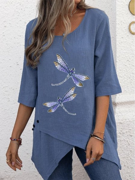 

Dragonfly Print Decorative Button Round Neck Five-point Sleeve Loose Blouse, Navy blue, Shirts & Blouses