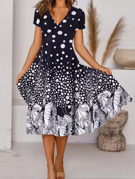 Abito Scollo a V Maniche Corte A-line Vacanza, Navy blu, Midi Dresses