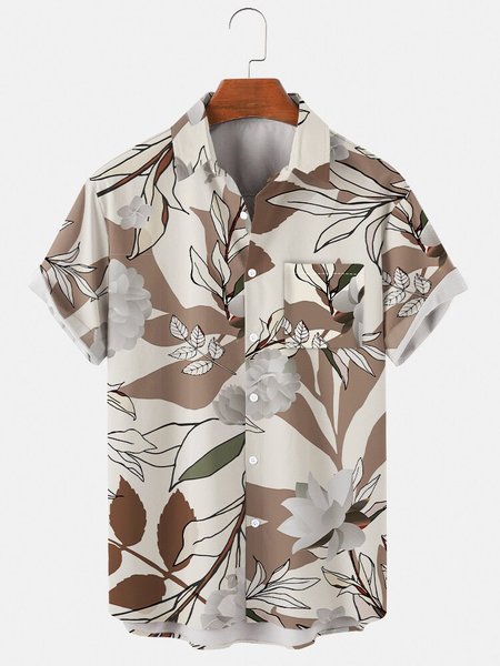 

Men's Floral Style Short Sleeve Casual Loose Shirt, Khaki, Men's Floral shirt