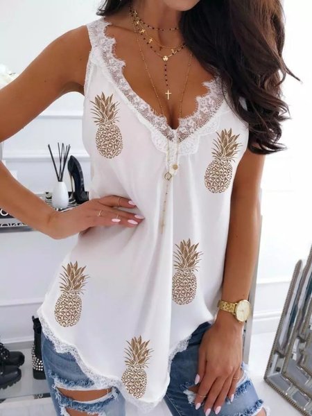 Casuale senza maniche Scollo a V Stampato Top gilet, Bianco, Tank Top