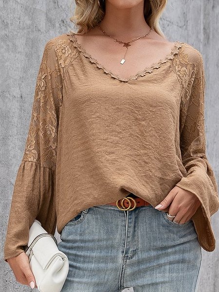 

Plain Long Sleeve Guipure Lace V Neck Shirts & Tops, Khaki, Blouses & Shirts