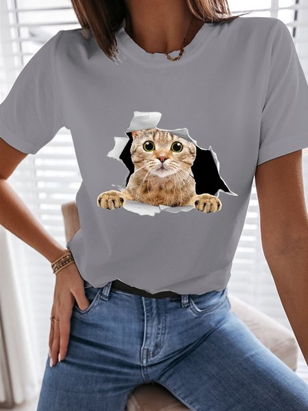 

3D Cat Graphic Tee, Gray, T-shirts