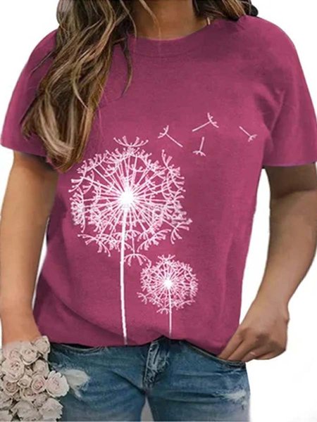 

dandelion print casual short sleeve shift shirts & tops, Rose red, T-Shirts
