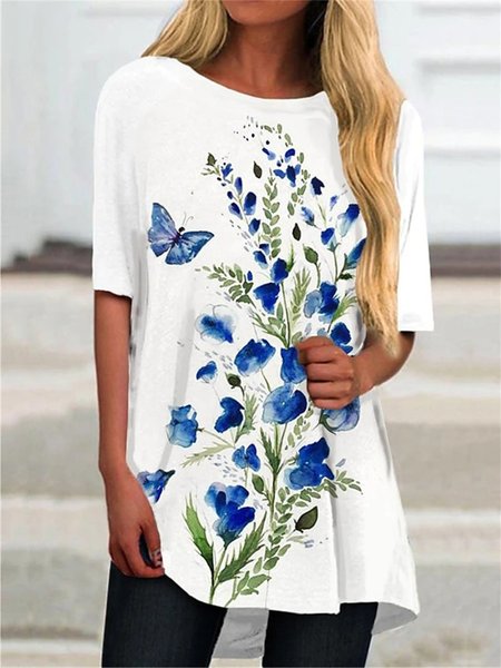 

Short Sleeve A-Line Floral-Print Crew Neck Shirts & Tops, White, T-Shirts