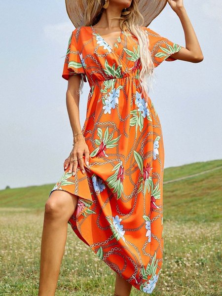

Boho Casual Floral Chain Printed A-line Loose Maxi Dresses, Orange, Floral Dresses