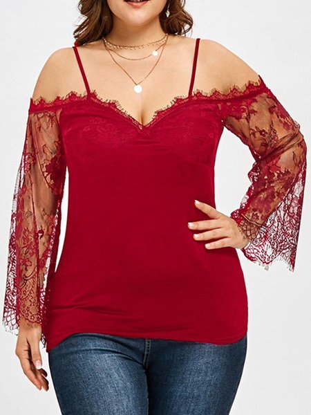 

V Neck Cotton Elegant Shirts & Tops, Red, Long sleeve tops