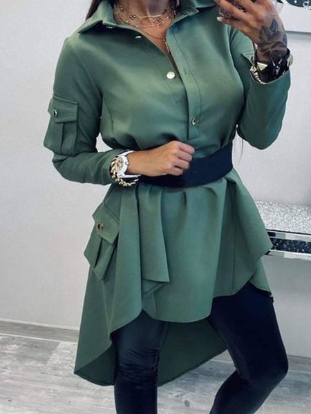 

Plain Shirt Collar Long Sleeve Casual Dress, Green, Blouses and Shirts