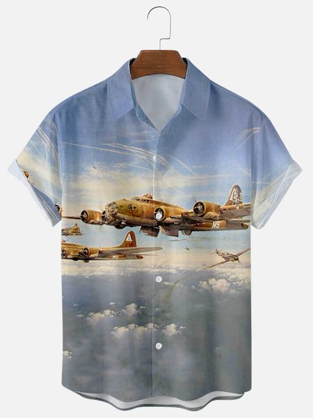 

Mens Plane Print Casual Lapel Short Sleeve Hawaiian Shirts, Blue, Men's Floral shirt