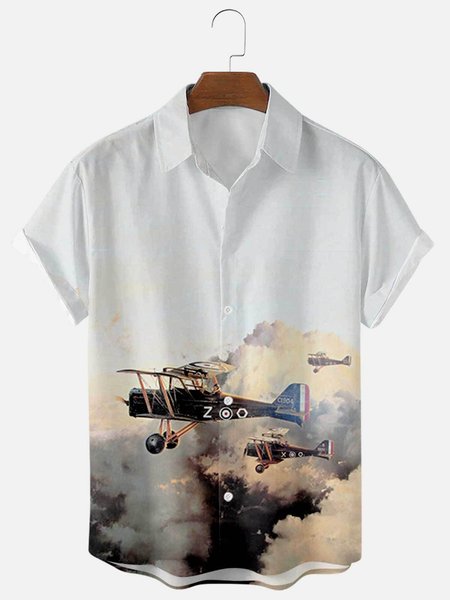 

Mens Airplane Print Casual Lapel Short Sleeve Hawaiian Shirts, White, Men's Floral shirt