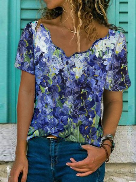

Vintage Casuale Ricorrere Scollo a V Maniche Corte Camicie & Top, Blu, T-Shirts