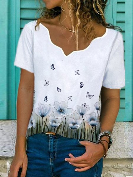 

Vintage V Neck Floral Butterfly Short Sleeve Shirts & Tops, White, T-Shirts
