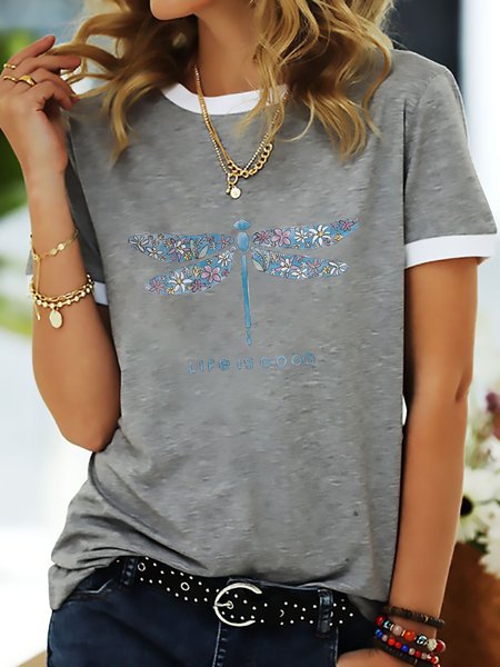 

Dragonfly Graphic T Shirt Wildflower Watercolor Ringer Tee, Gray, T-shirts