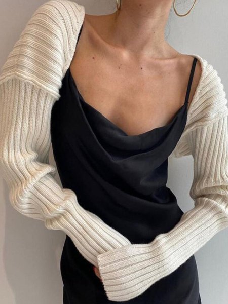 

Casual Crew Neck Plain Long Sleeve Cardigan, White, Cardigans