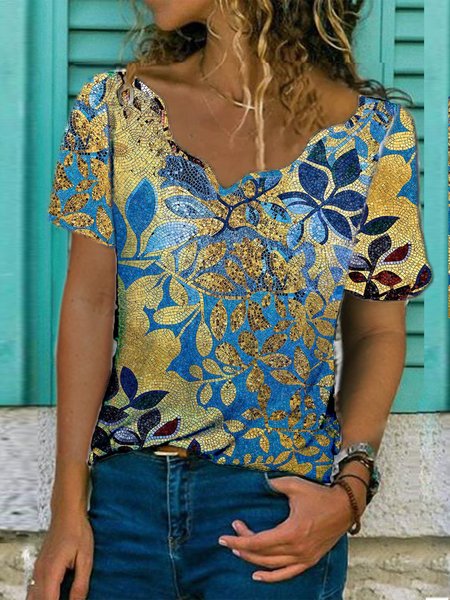 

Vintage Casual Short Sleeve V Neck Shift Shirts & Tops, Blue, T-Shirts