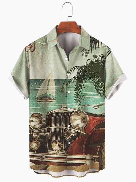 

Mens Retro Painting Print Casual Lapel Pocket Short Sleeve Hawaiian Shirts, Green, Men's Floral shirt