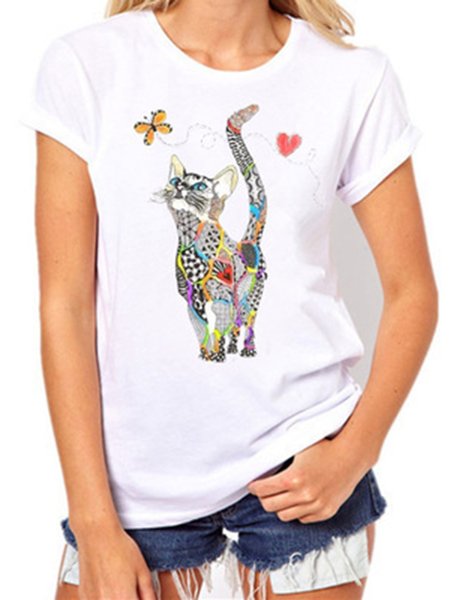 

Cat Short Sleeve Crew Neck Cotton-Blend Shirts & Tops, 1#, Tops