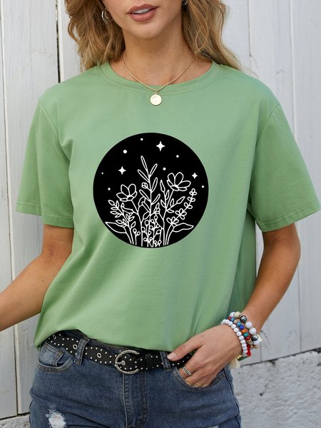 

Funny Floral Print Casual Elasticity Crew Neck Shirts & Tops, Army green, T-shirts