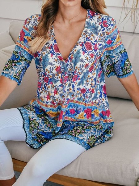 

Cotton-Blend Boho Half Sleeve Shirts & Tops, Cyan, Tops