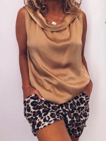 

Vintage Sleeveless Cowl Neck Plus Size Casual Solid Vest Tops With Leopard Printed Shorts, Deep khaki, Mini Dresses