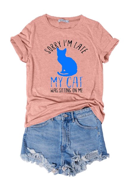 

Letter & Cat Print Tee, Brick red, T-shirts