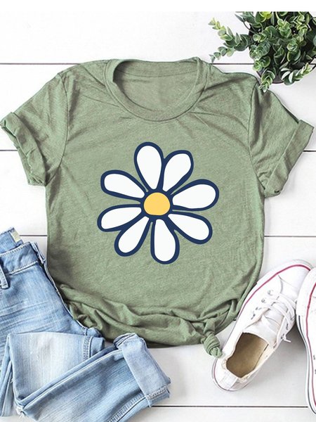 

Funny Floral Print Short Sleeve Crew Neck Shirts & Tops, Army green, T-shirts