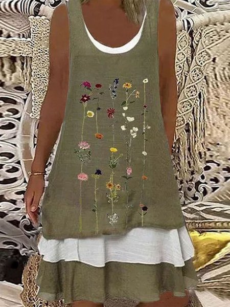 

Round Neck Floral Print Stitching Loose Shift Dress, Army green, Casual Dresses
