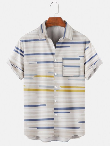 

Mens Striped Casual Lapel Pocket Short Sleeve Hawaiian Shirts, White, Men's Floral shirt