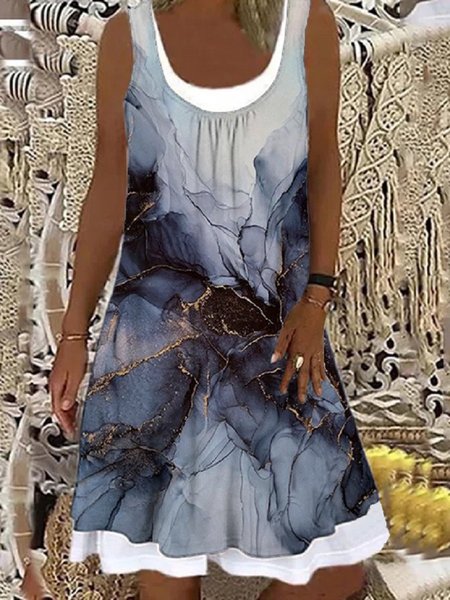 

Sleeveless Casual Cotton-Blend Shift Dresses, Blue, Tie dye dress