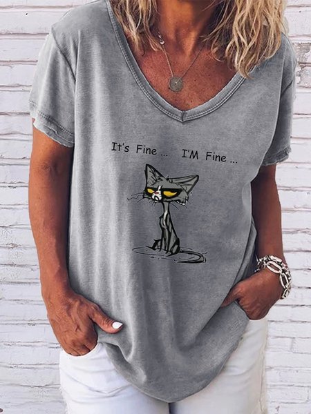 Cat I Am Fine Cotton-Blend Tops, Gray, T-shirts
