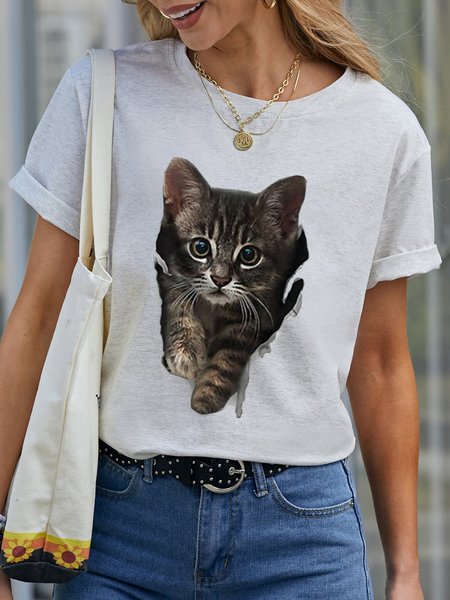 

3D Cat Printed Women Tshirt, White, T-shirts