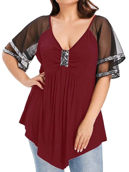 

a-line sexy short sleeve v neck shirts & tops, Wine red, T-Shirts