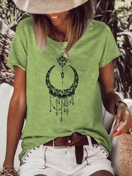 

Funny Moon And Dreamcatcher Crew Neck Cotton-Blend Casual Shirts & Tops, Green, T-shirts