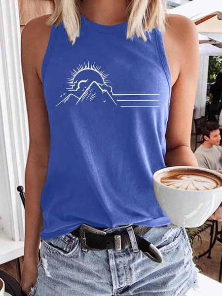 

Funnny Summer Vacation Print Sleeveless Shift Cotton-Blend Crew Neck Tops, Light blue, Tank Tops