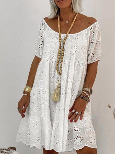 Short Sleeve Lace Round Neck Casual Dresses, White, Mini Dresses