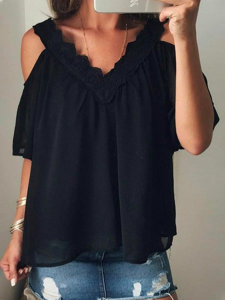 

Cotton-Blend V Neck Casual Half Sleeve Shirts & Tops, Black, Tops