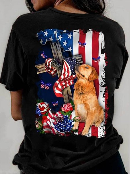 

Golden Dogs And America Flag Round neck T-shirt, Black, T-shirts
