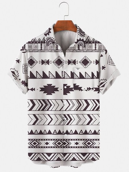 

Mens Geo Print Casual Lapel Pocket Short Sleeve Hawaiian Shirts, White, Men's Floral shirt