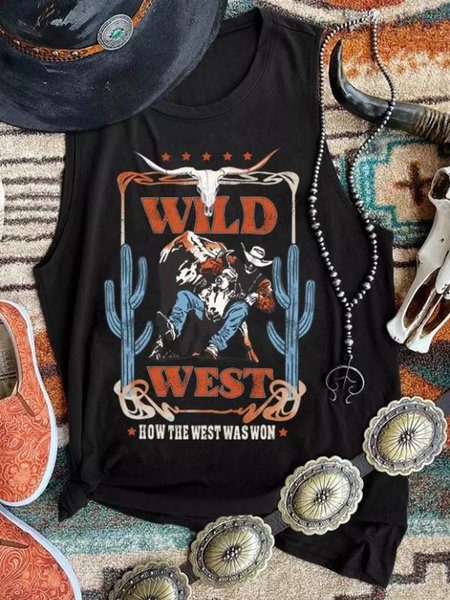 

Wild West Cactus Steer Skull Cowboy Tank, Black, T-shirts