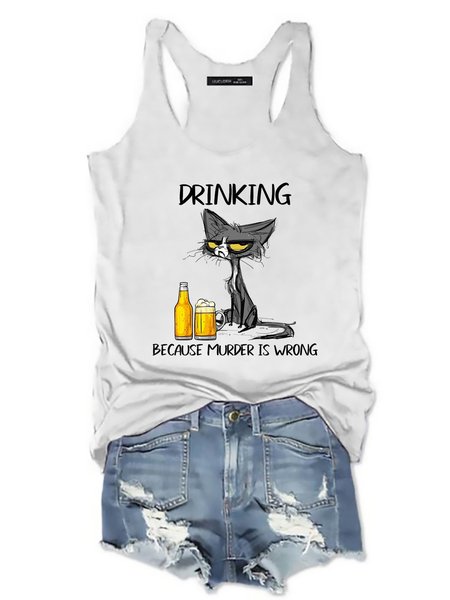 

Drinking Because Murder Is Wrong Funny Black Cat Graphic Casual Tank Top, White, Tank Tops
