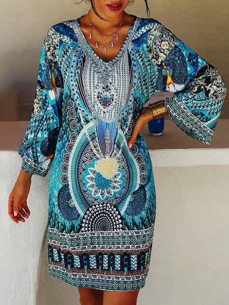 

V Neck 3/4 Sleeve Geometric Dresses, Blue, Mini Dresses