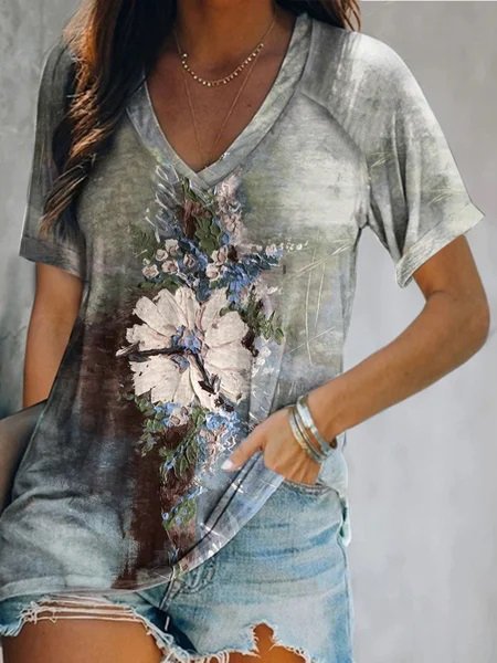 

Short Sleeve Cotton-Blend V Neck T-shirt, Gray, Tees & T-shirts