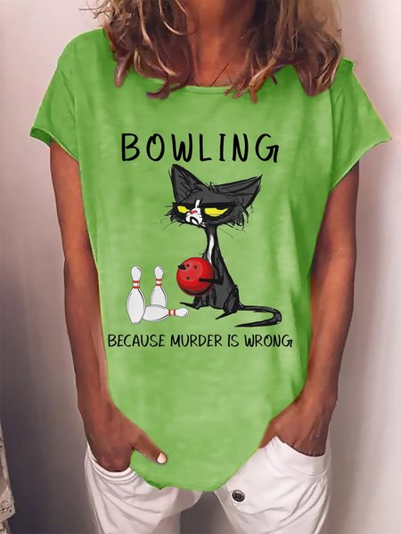 

Bowling Because Murder Is Wrong Funny Black Cat Graphic Casual Tee, Green, T-shirts